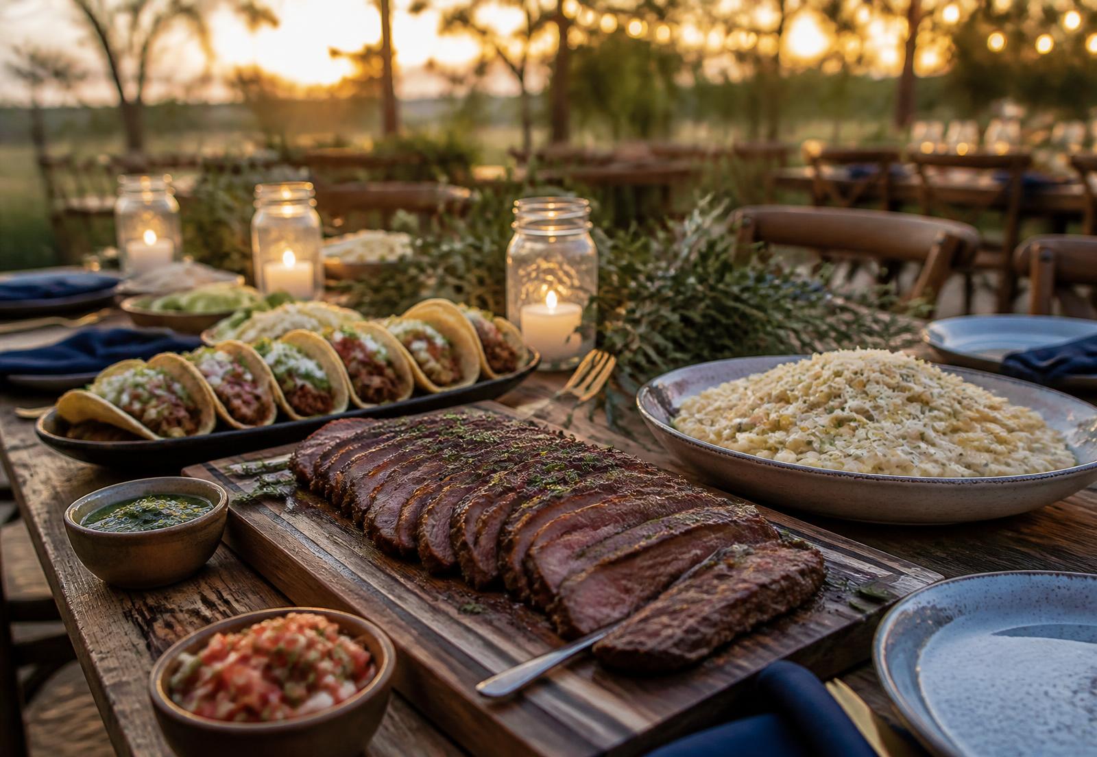 Rustic outdoor catering table with tri tip, tacos and pasta at sunset