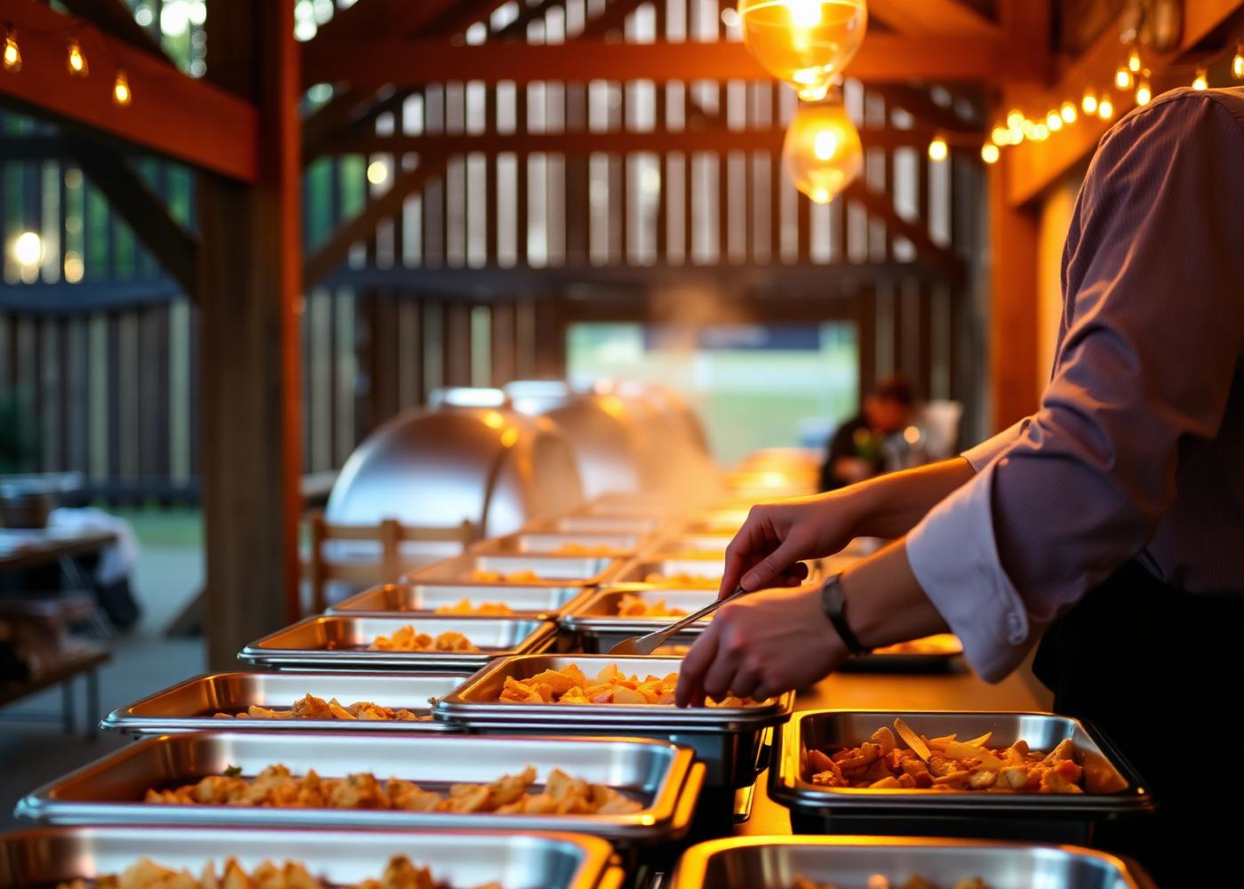 Caterer plating food from chafing trays at a rustic barn event